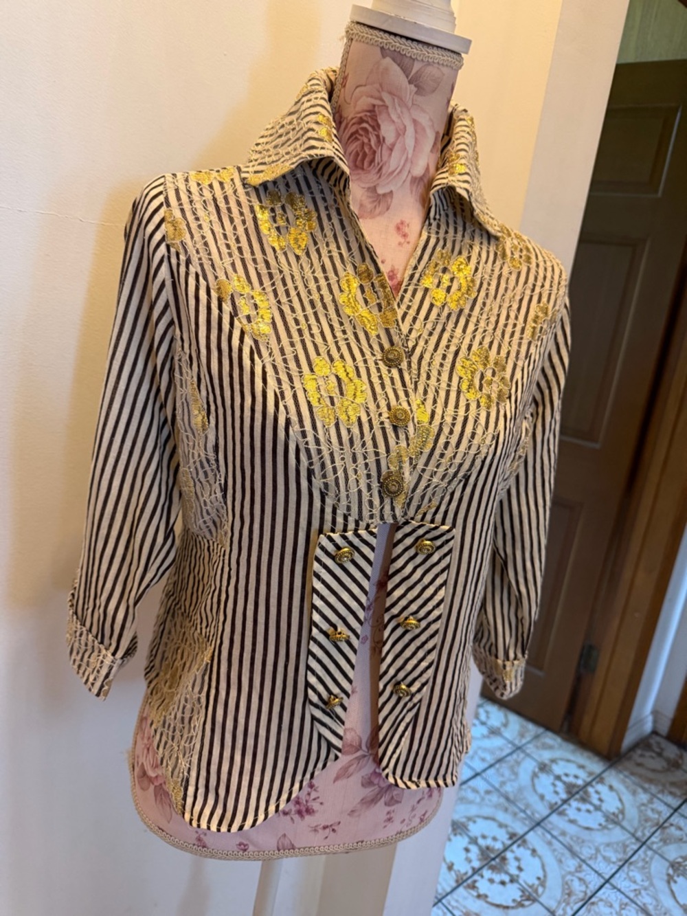 Striped Black & White Blouse with Gold Floral Embroidery